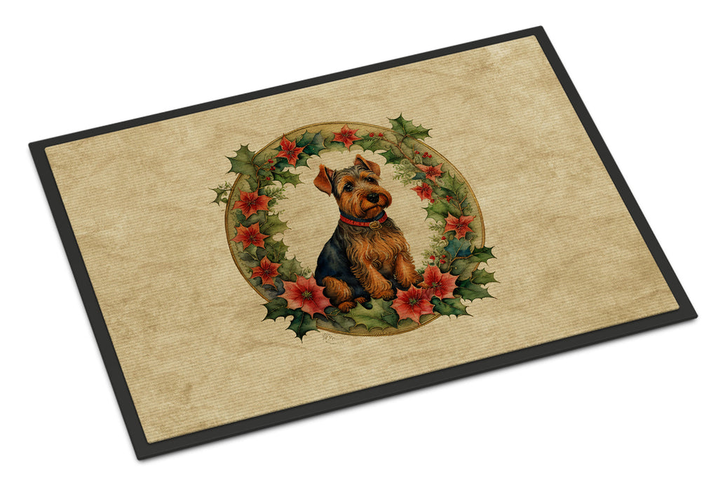 Welsh Terrier Christmas Flowers Doormat Indoor Outdoor 18H X 27W Front Door Mat Rugs for Entryway, Non Slip Washable