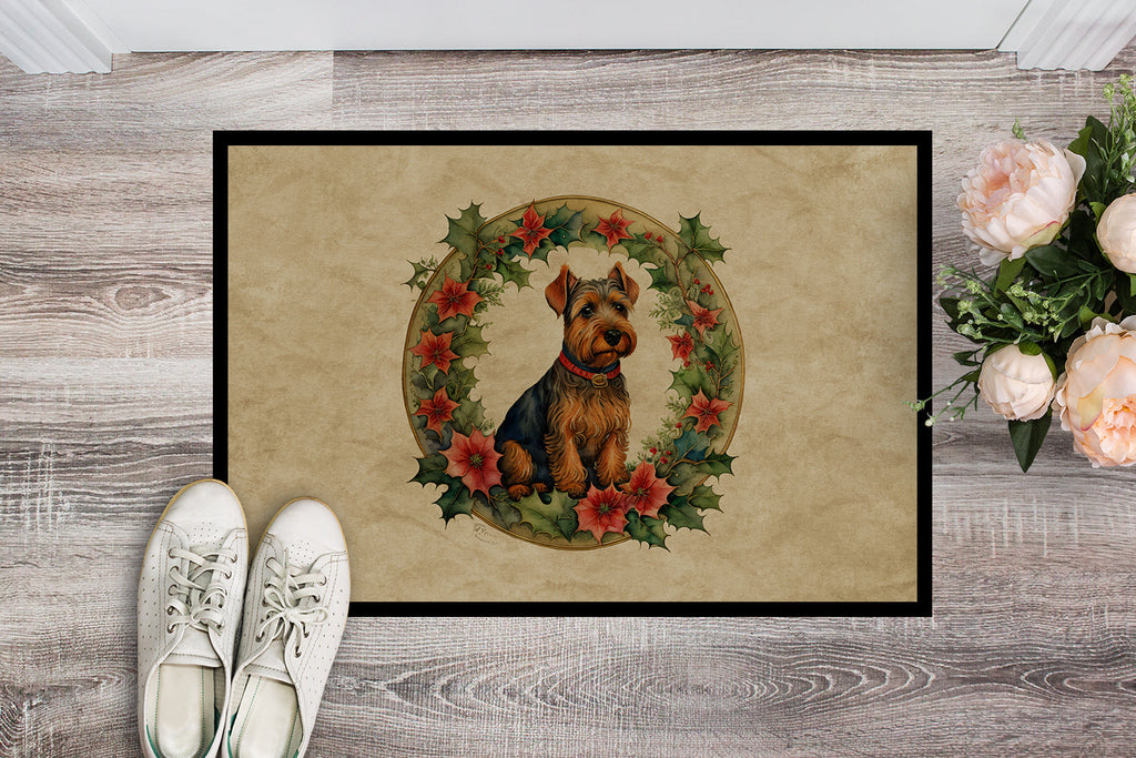 Welsh Terrier Christmas Flowers Doormat Indoor Outdoor 18H X 27W Front Door Mat Rugs for Entryway, Non Slip Washable