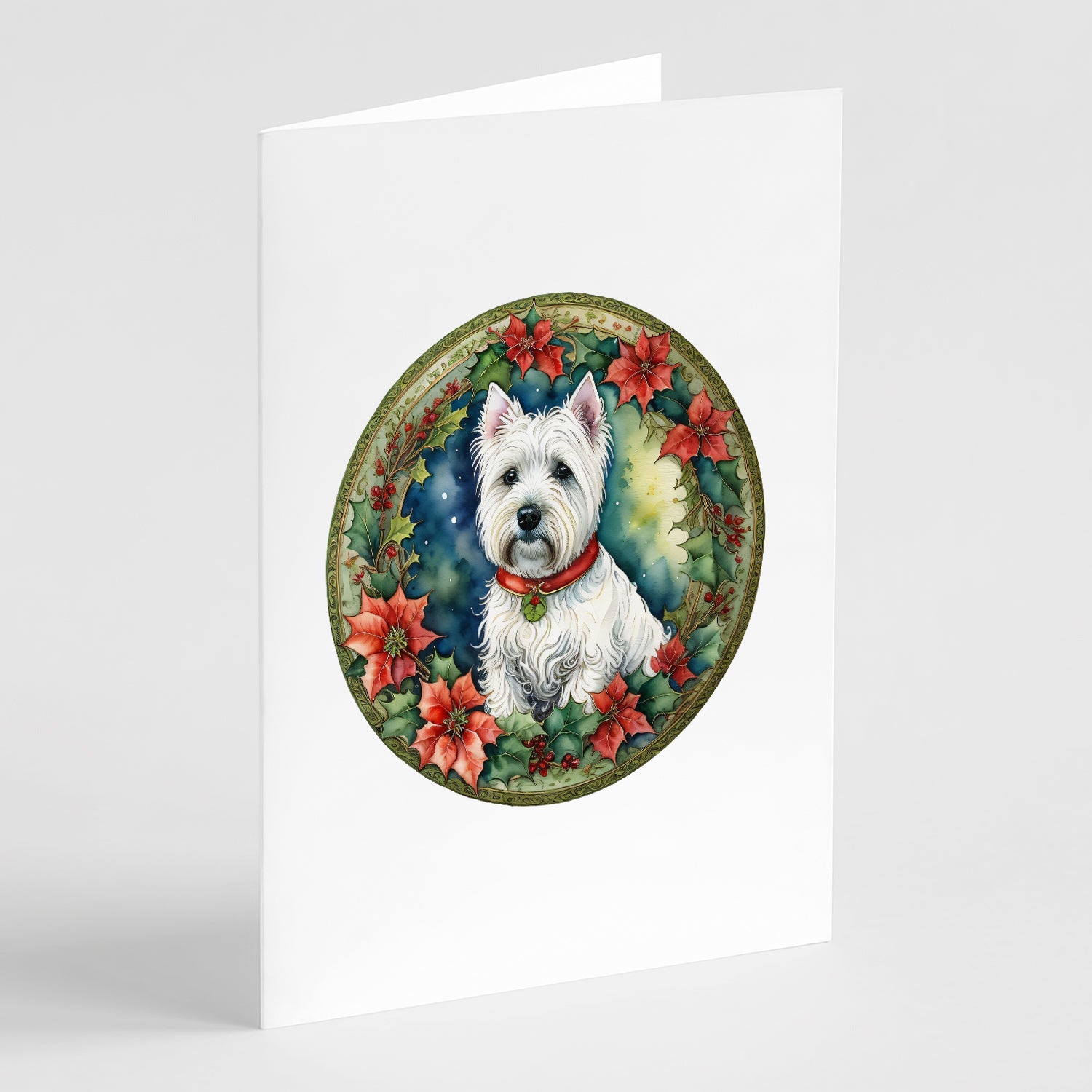 Westie Christmas Flowers Greeting Cards Pack of 8 Blank Cards with Envelopes Whimsical A7 Size 5x7