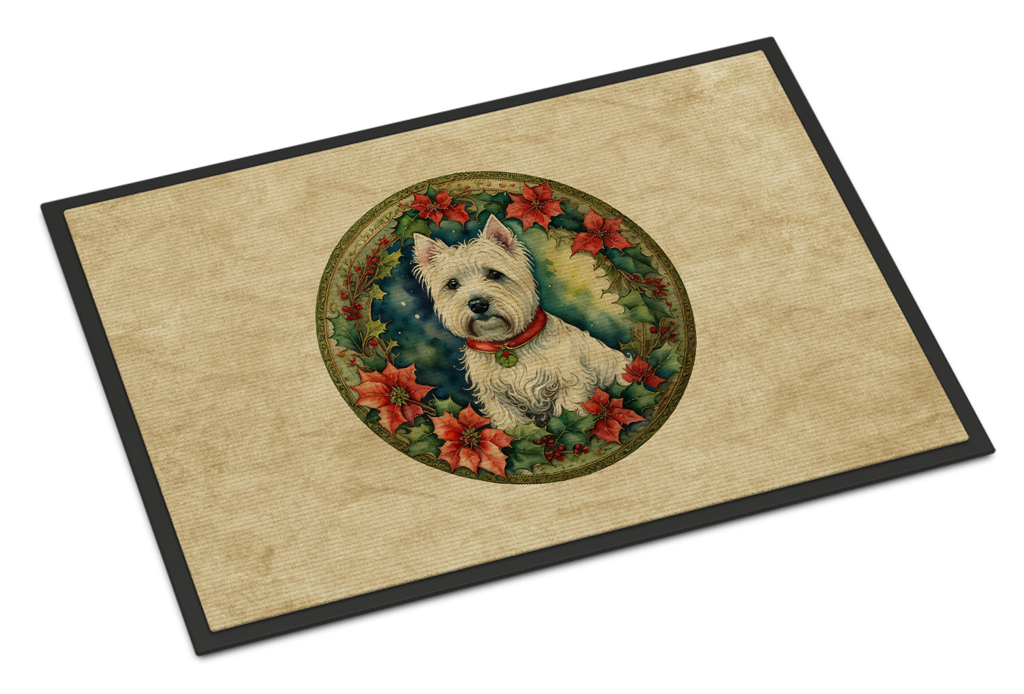 Westie Christmas Flowers Doormat Indoor Outdoor 24H X 36W Front Door Mat Rugs for Entryway, Non Slip Washable Low Pile,