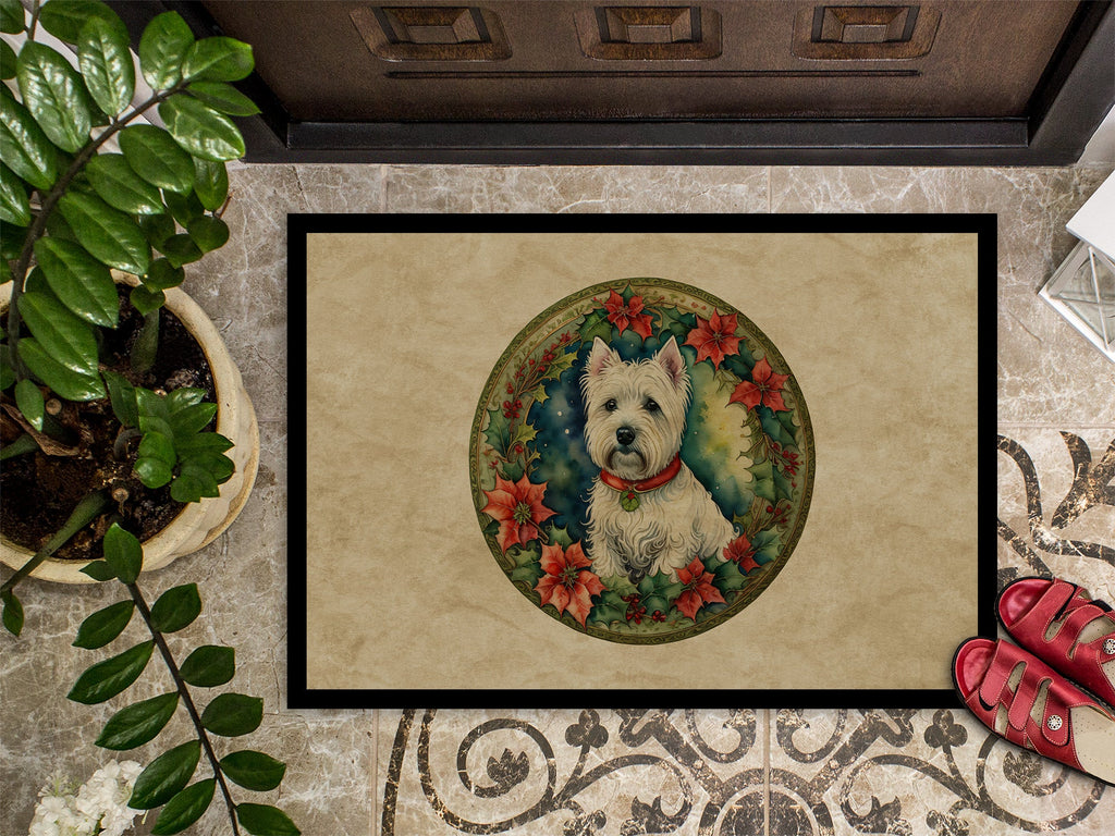 Westie Christmas Flowers Doormat Indoor Outdoor 24H X 36W Front Door Mat Rugs for Entryway, Non Slip Washable Low Pile,