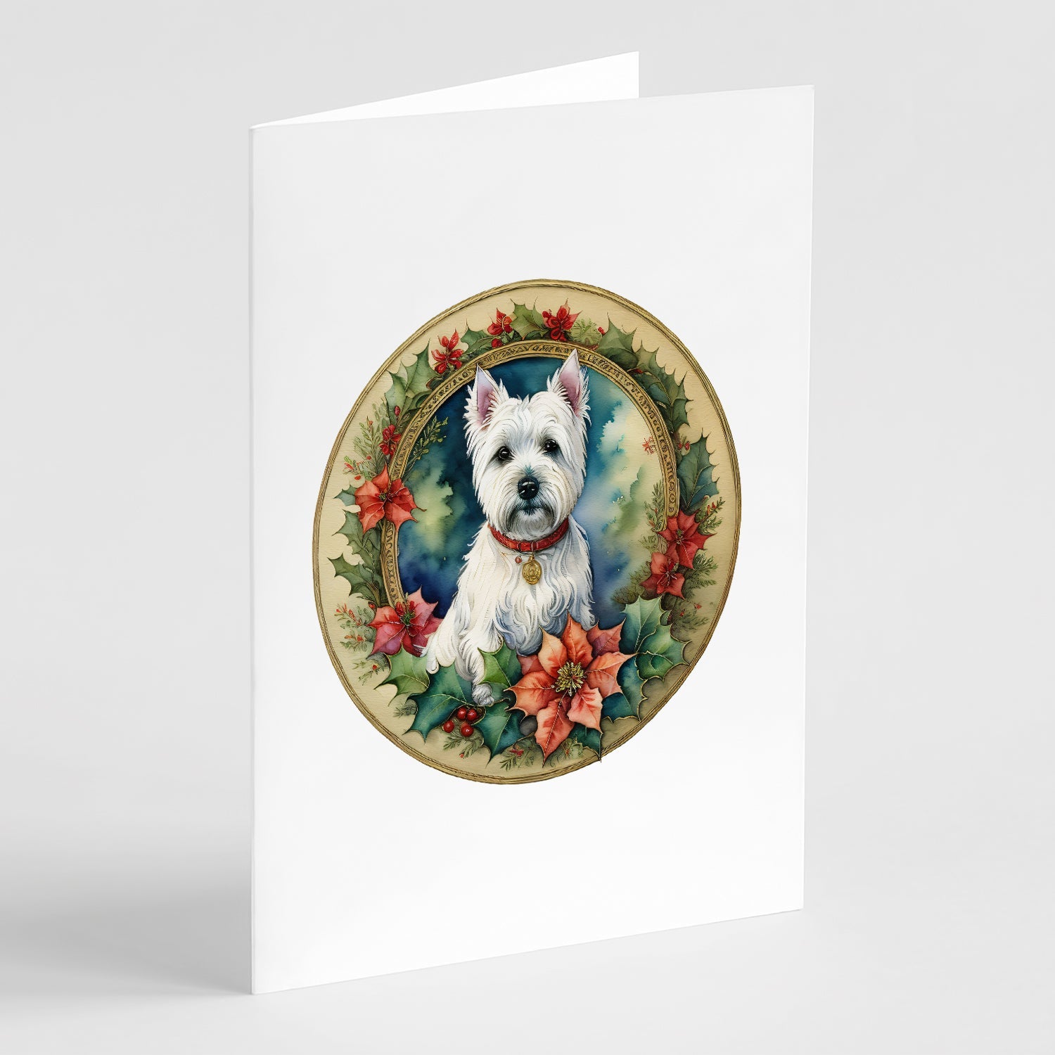 Westie Christmas Flowers Greeting Cards Pack of 8 Blank Cards with Envelopes Whimsical A7 Size 5x7
