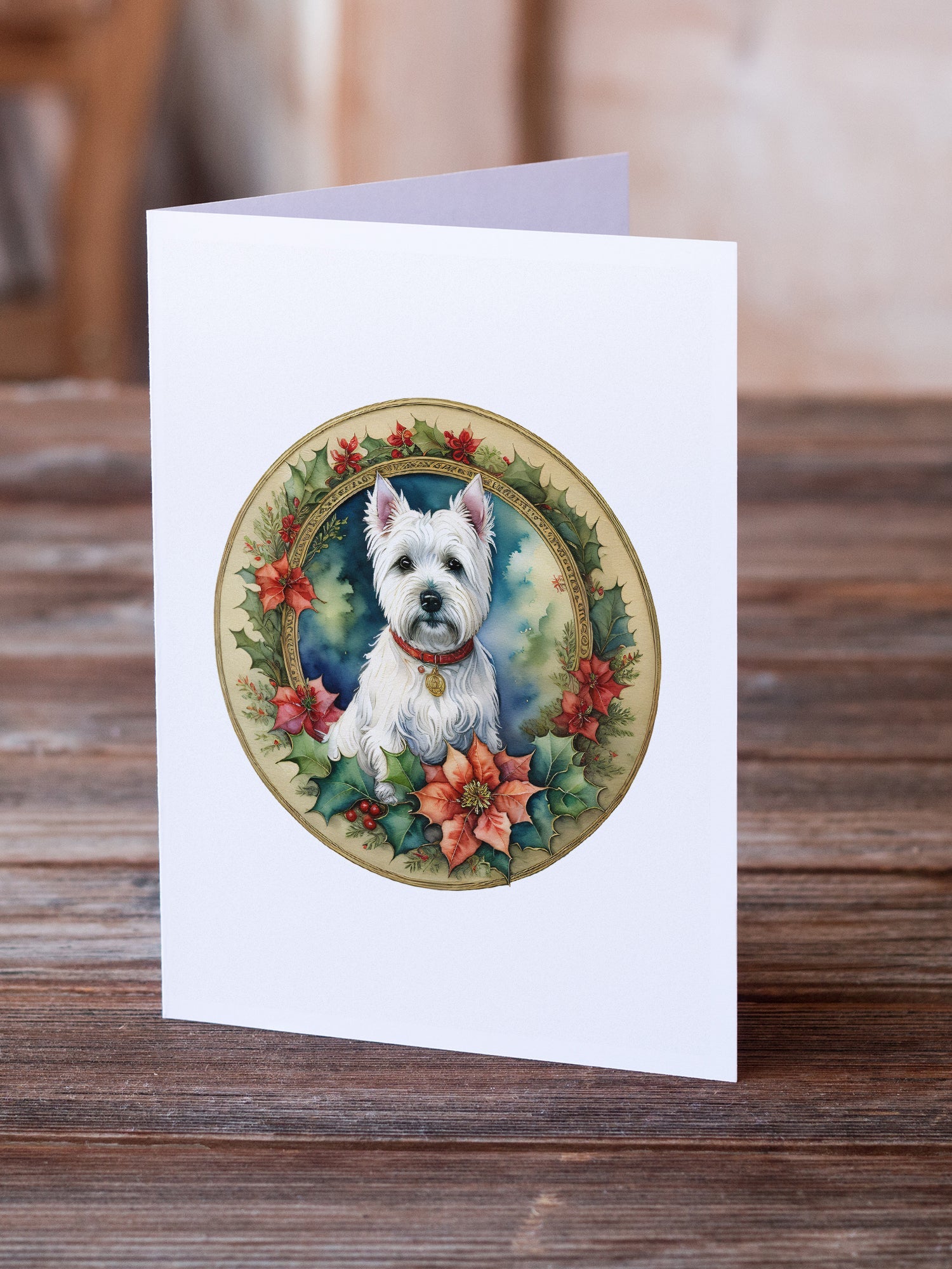 Westie Christmas Flowers Greeting Cards Pack of 8 Blank Cards with Envelopes Whimsical A7 Size 5x7