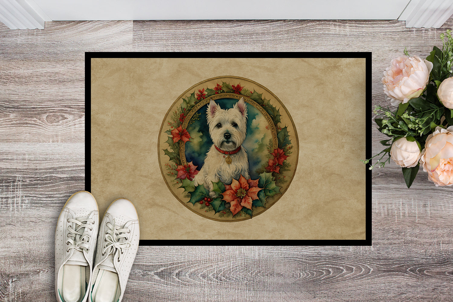 Westie Christmas Flowers Doormat Indoor Outdoor 18H X 27W Front Door Mat Rugs for Entryway, Non Slip Washable