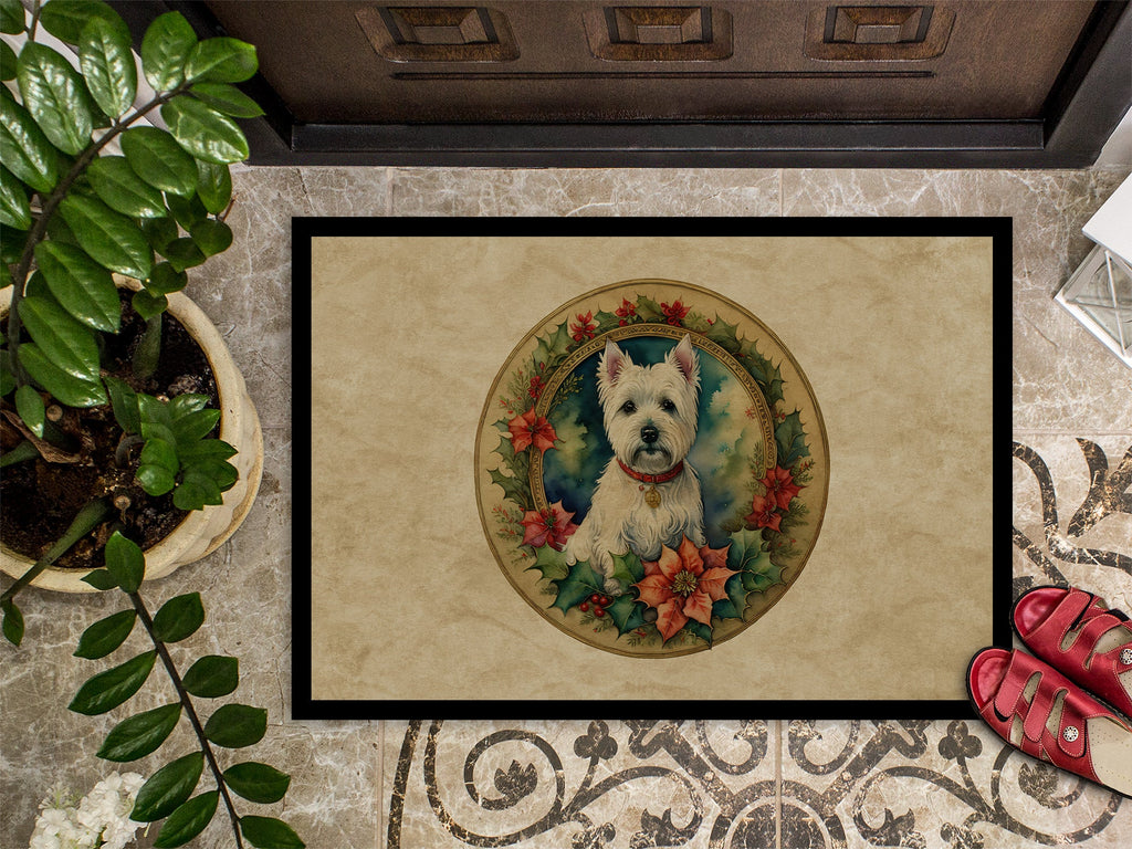 Westie Christmas Flowers Doormat Indoor Outdoor 18H X 27W Front Door Mat Rugs for Entryway, Non Slip Washable