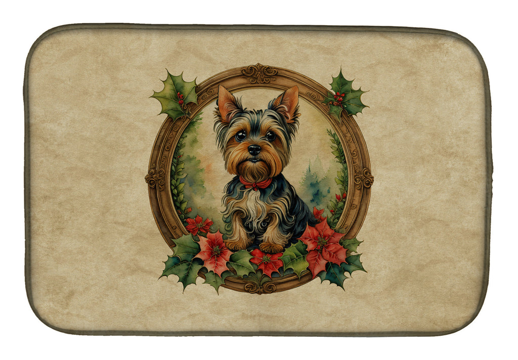 Yorkie Christmas Flowers Dish Drying Mat Absorbent Dish Drying Mat Pad for Kitchen Counter Dish Drainer Mat for Countertop, 14 x 21", Multicolor