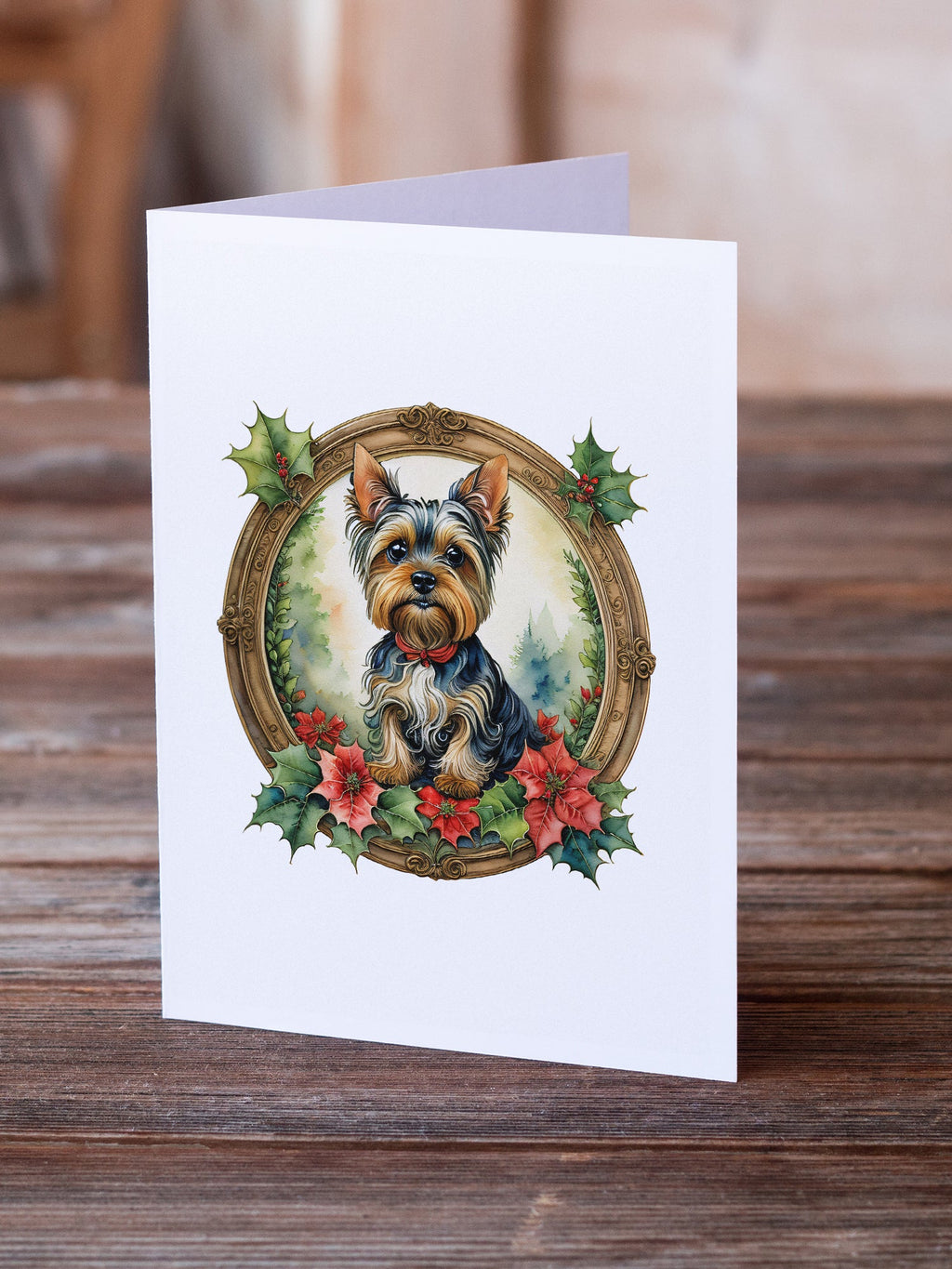 Yorkie Christmas Flowers Greeting Cards Pack of 8 Blank Cards with Envelopes Whimsical A7 Size 5x7