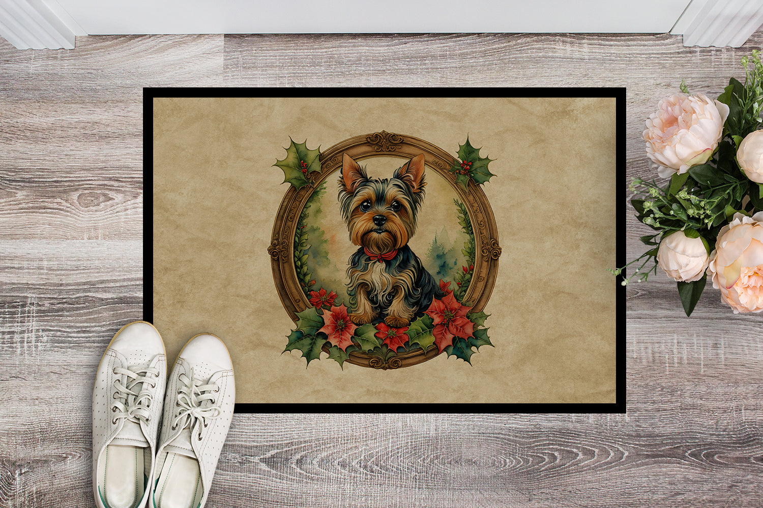 Yorkie Christmas Flowers Doormat Indoor Outdoor 18H X 27W Front Door Mat Rugs for Entryway, Non Slip Washable