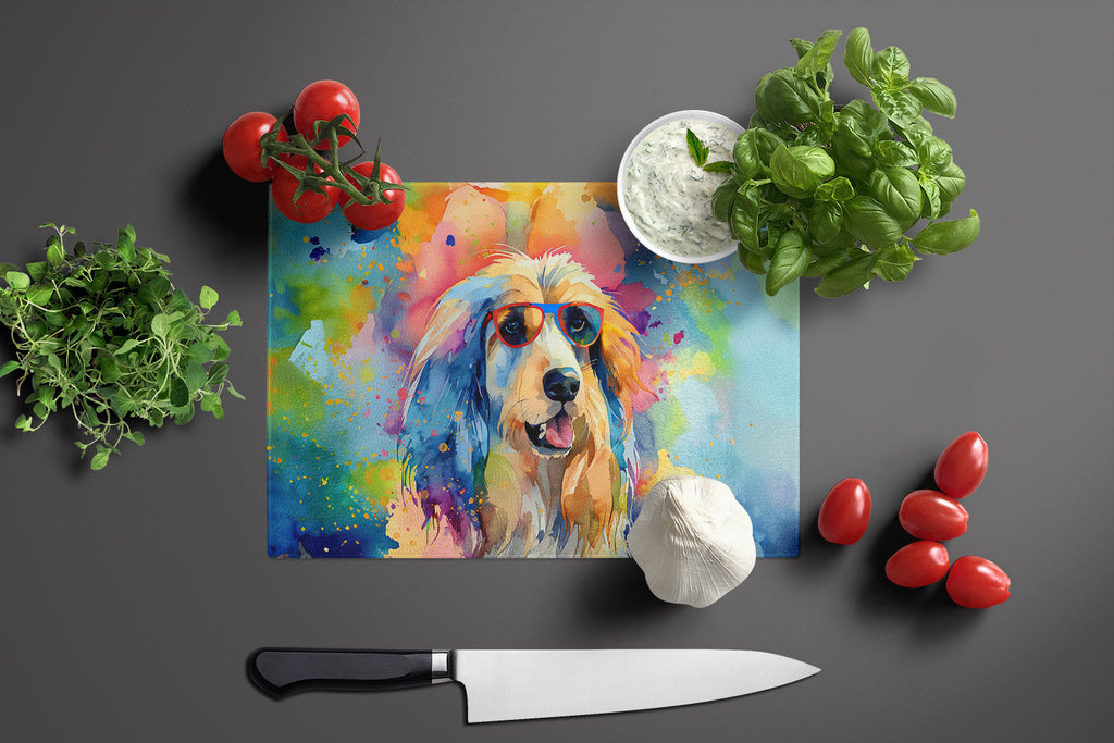 Afghan Hound Hippie Dawg Cutting Board Tempered Glass Kitchen Cutting Surface, Heat Resistant Chopping, Non-Slip Feet, Food Prep & Serving
