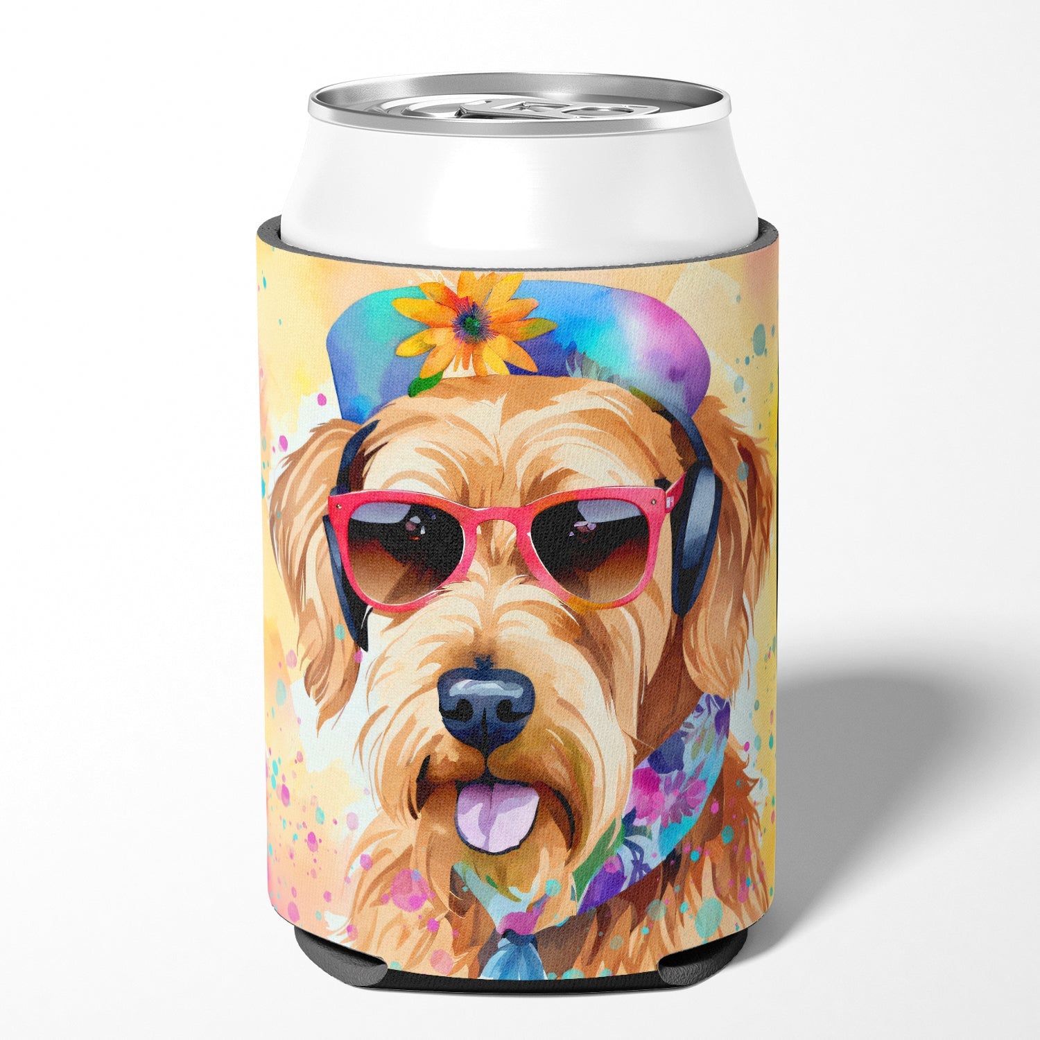 Airedale Terrier Hippie Dawg Can or Bottle Hugger Cooler Sleeve for Standard 12 oz Cans, Insulated Foam Beer & Soda Can Hugger Reusable