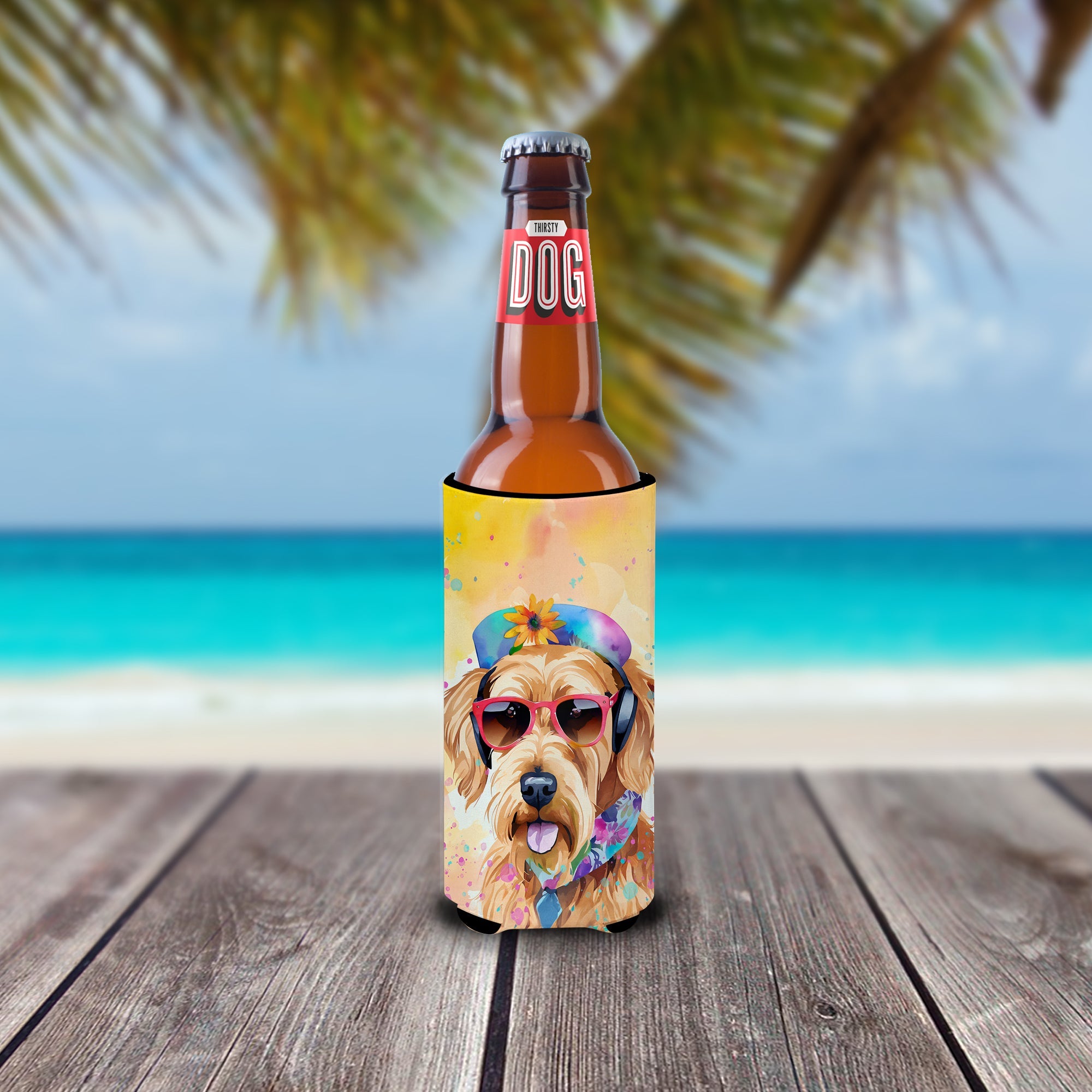 Airedale Terrier Hippie Dawg Slim Can Hugger , Insulated Foam Hugger for 12 oz Slim Cans, Beer Bottles & Water Bottles, Printed in USA