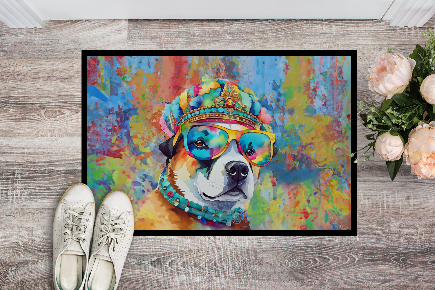 Akita Hippie Dawg Doormat Indoor Outdoor 24H X 36W Front Door Mat Rugs for Entryway, Non Slip Washable Low Pile,