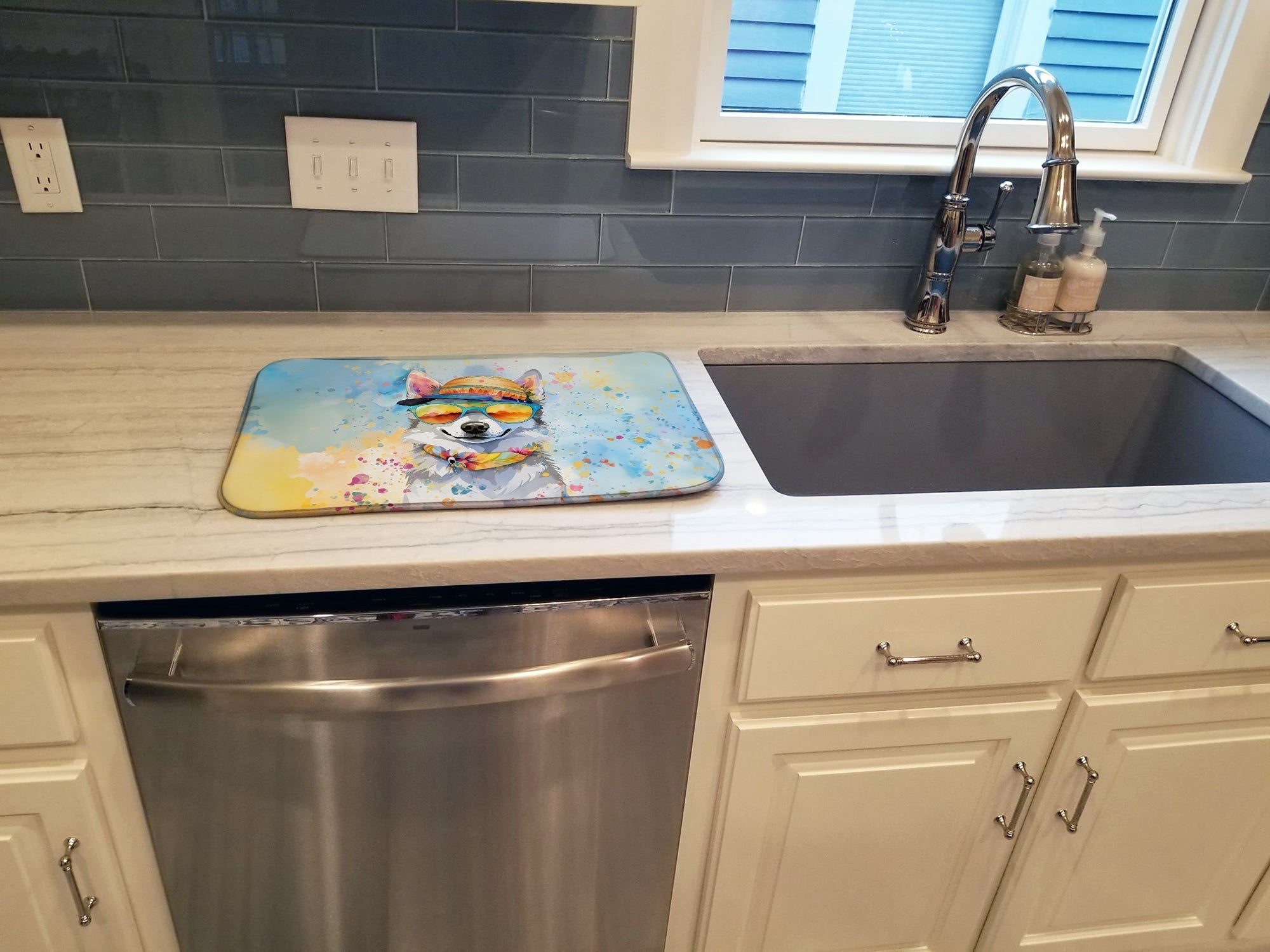 Alaskan Klee Kai Hippie Dawg Dish Drying Mat Absorbent Dish Drying Mat Pad for Kitchen Counter Dish Drainer Mat for Countertop, 14 x 21", Multicolor