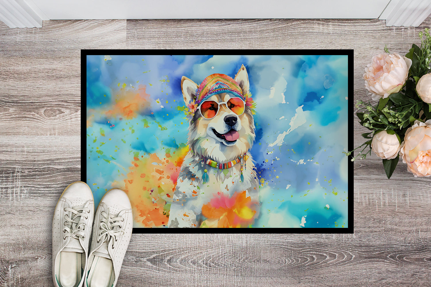 Alaskan Malamute Hippie Dawg Doormat Indoor Outdoor 24H X 36W Front Door Mat Rugs for Entryway, Non Slip Washable Low Pile,