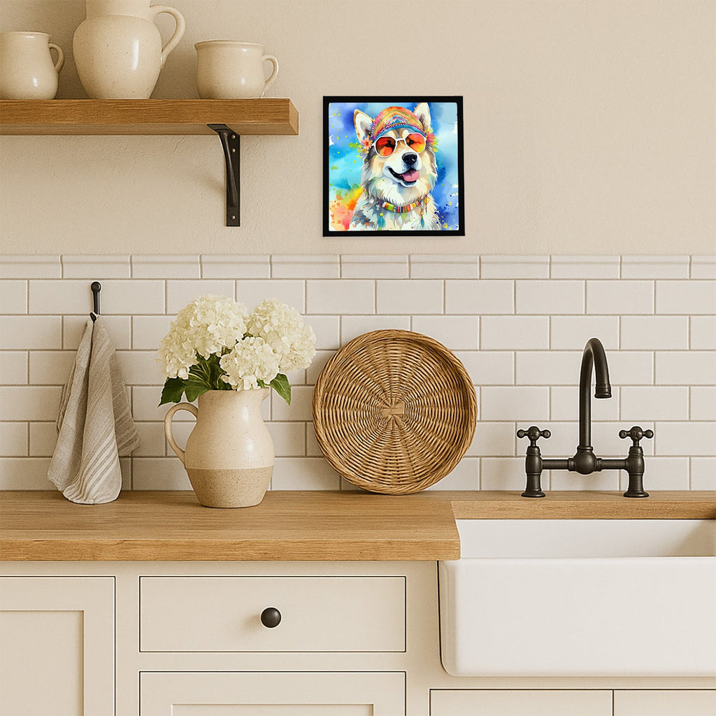 Alaskan Malamute Hippie Dawg Framed Metal Print Bathroom, Kitchen, Office, Home Decor Wall Art Ready to Hang, Square, 8X8