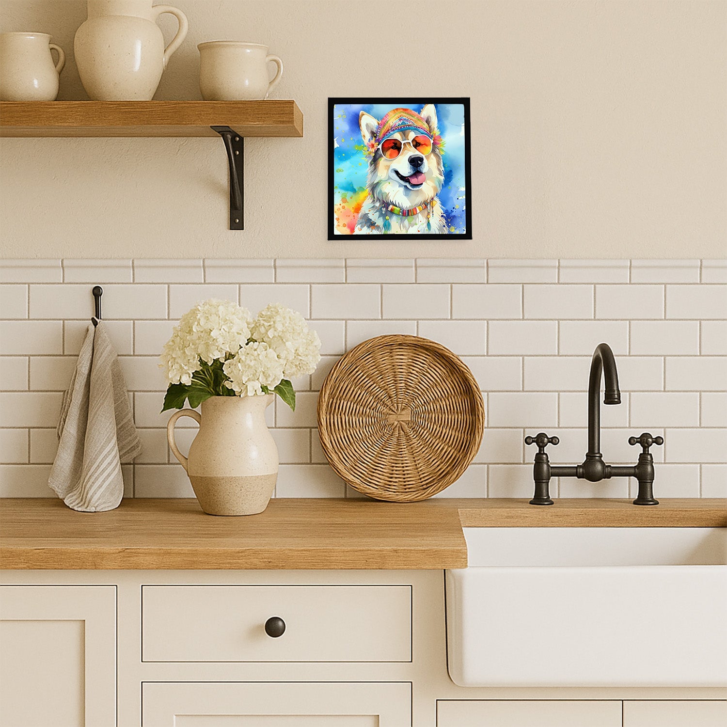 Alaskan Malamute Hippie Dawg Framed Metal Print Bathroom, Kitchen, Office, Home Decor Wall Art Ready to Hang, Square, 8X8