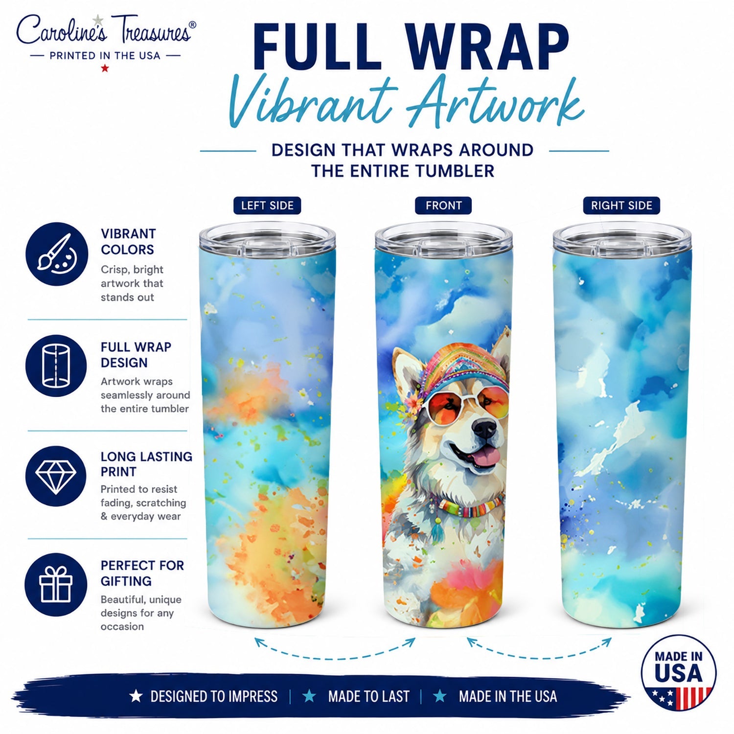 Alaskan Malamute Hippie Dawg Stainless Steel Skinny Tumbler 20 oz Vacuum Double Walled Reusable Insulated Travel Cup