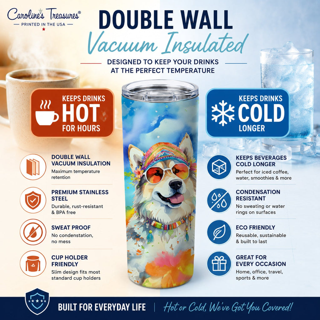 Alaskan Malamute Hippie Dawg Stainless Steel Skinny Tumbler 20 oz Vacuum Double Walled Reusable Insulated Travel Cup