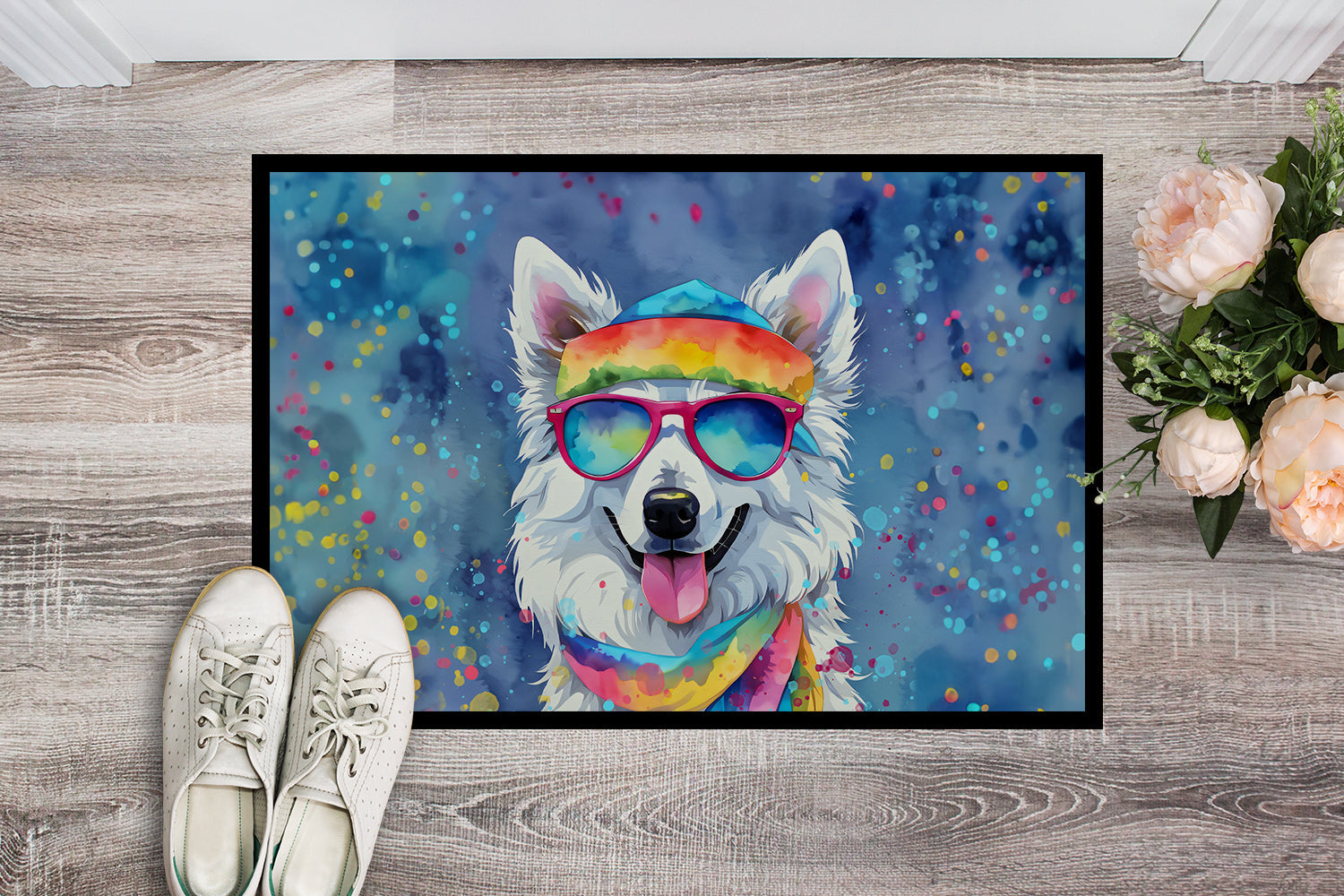 American Eskimo Hippie Dawg Doormat Indoor Outdoor 24H X 36W Front Door Mat Rugs for Entryway, Non Slip Washable Low Pile,
