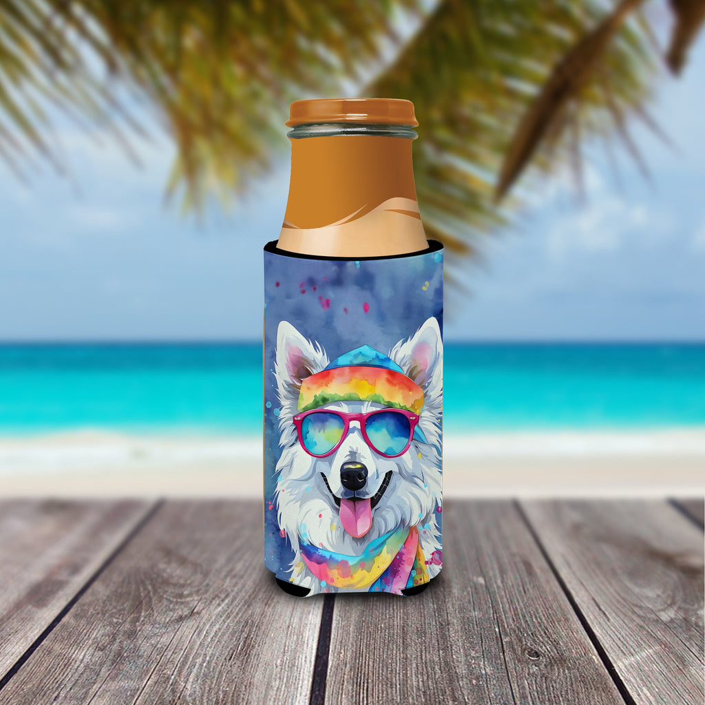 American Eskimo Hippie Dawg Slim Can Hugger , Insulated Foam Hugger for 12 oz Slim Cans, Beer Bottles & Water Bottles, Printed in USA