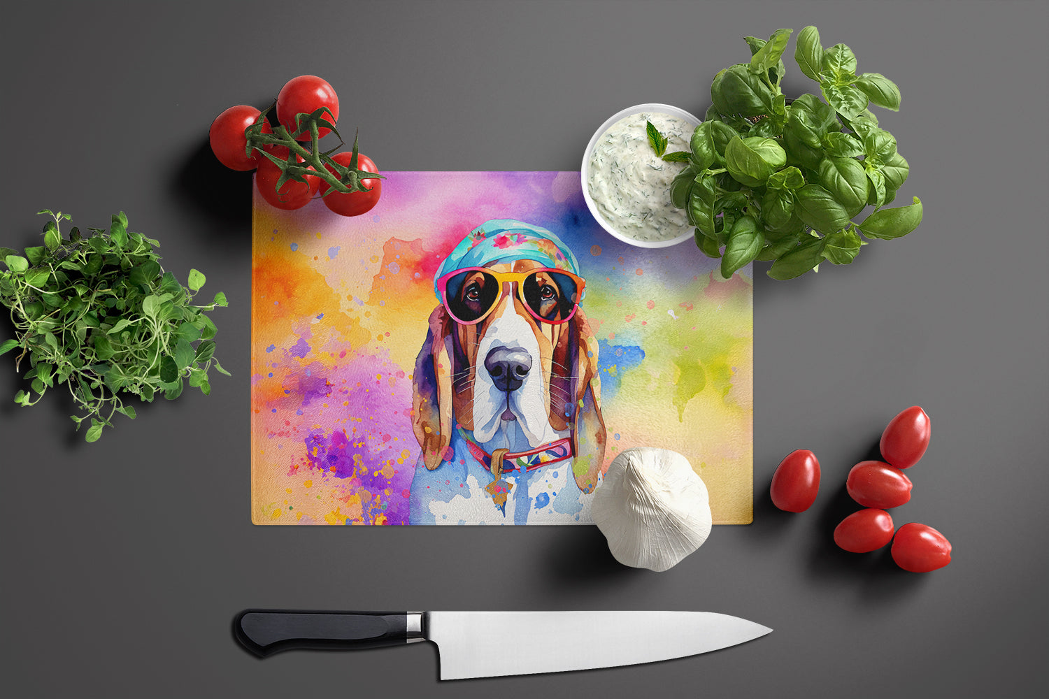 Basset Hound Hippie Dawg Cutting Board Tempered Glass Kitchen Cutting Surface, Heat Resistant Chopping, Non-Slip Feet, Food Prep & Serving