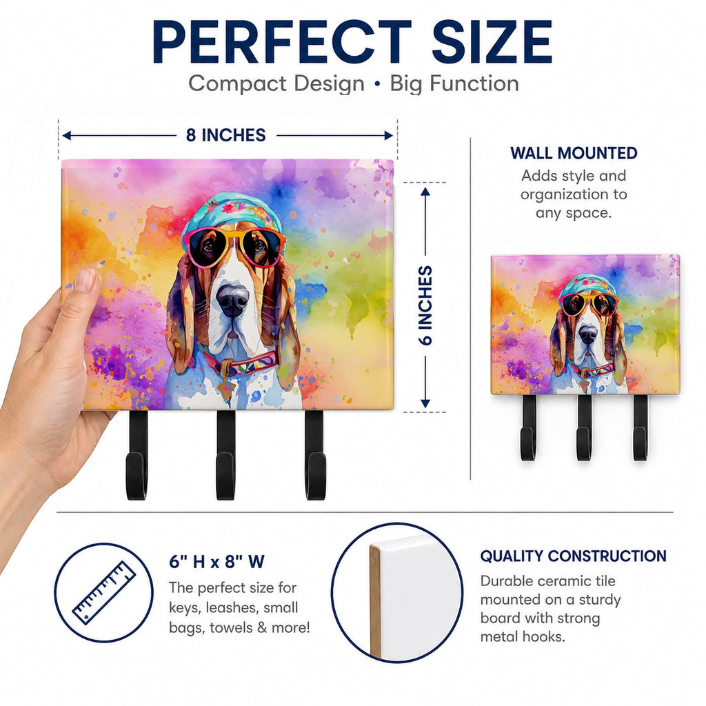 Basset Hound Hippie Dawg Leash or Key Holder Wall Hooks, Coat Rack Wall Mount, for Hanging Keys, Towels, Aprons, Leashes