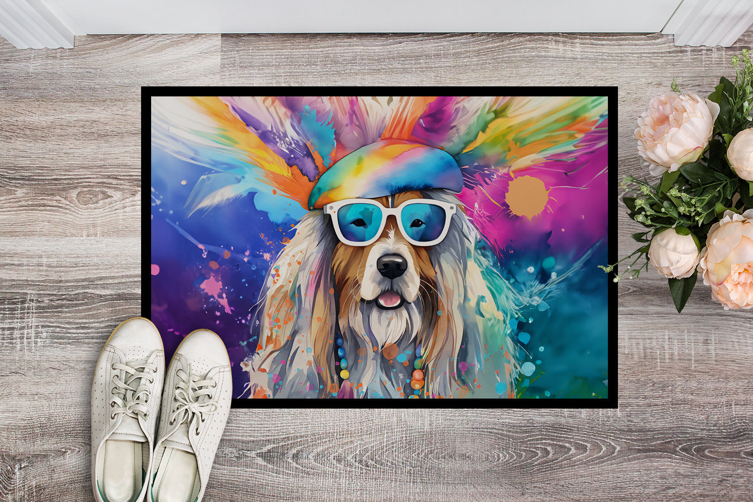 Bearded Collie Hippie Dawg Doormat Indoor Outdoor 24H X 36W Front Door Mat Rugs for Entryway, Non Slip Washable Low Pile,
