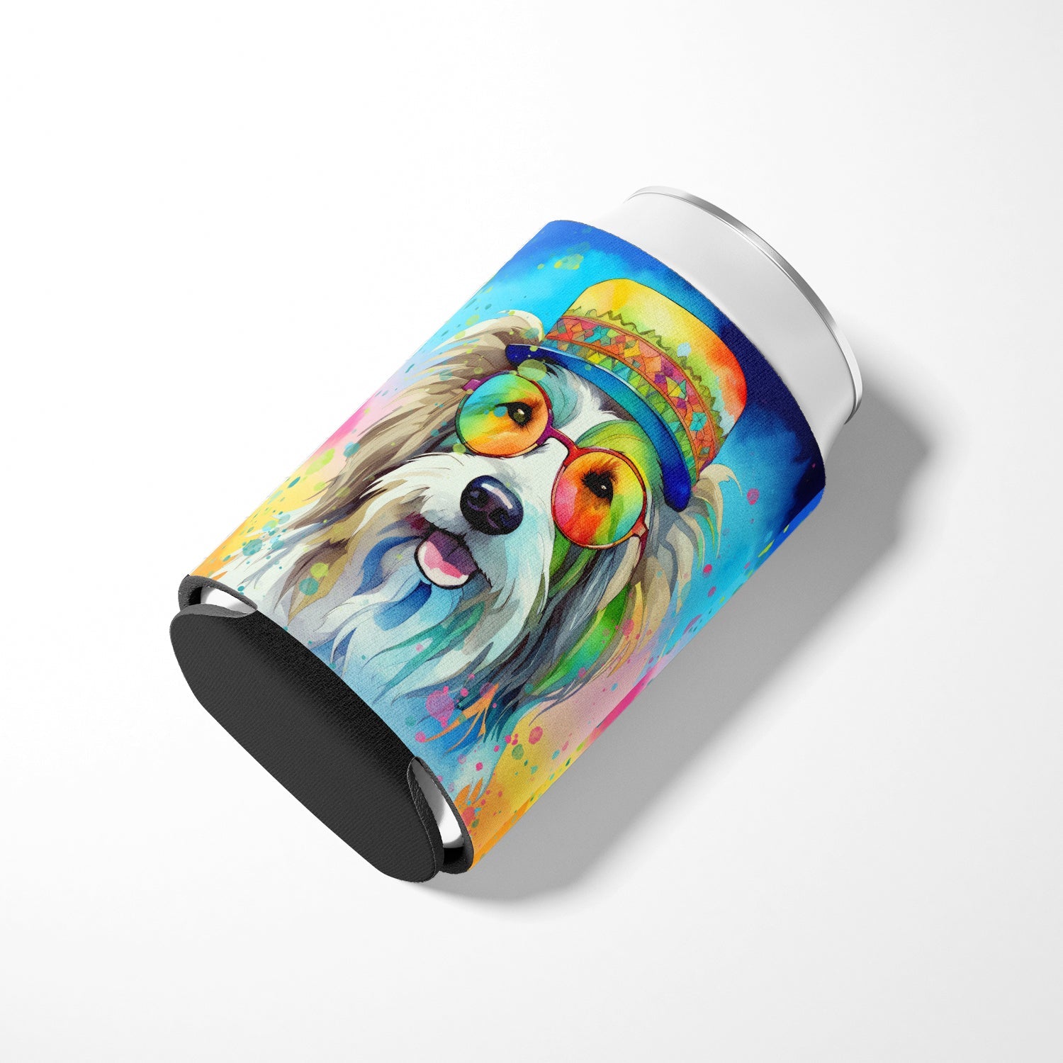 Bearded Collie Hippie Dawg Can or Bottle Hugger Cooler Sleeve for Standard 12 oz Cans, Insulated Foam Beer & Soda Can Hugger Reusable