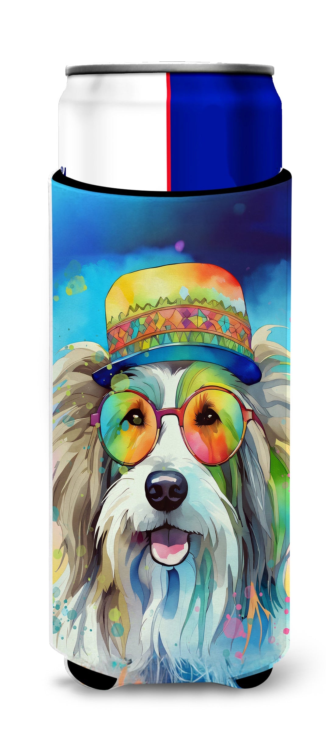 Bearded Collie Hippie Dawg Slim Can Hugger , Insulated Foam Hugger for 12 oz Slim Cans, Beer Bottles & Water Bottles, Printed in USA