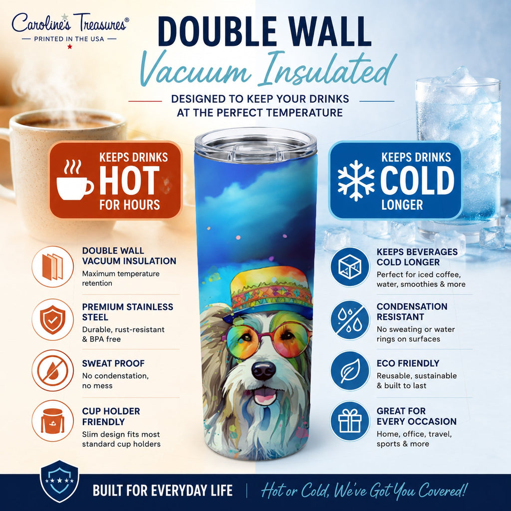 Bearded Collie Hippie Dawg Stainless Steel Skinny Tumbler 20 oz Vacuum Double Walled Reusable Insulated Travel Cup