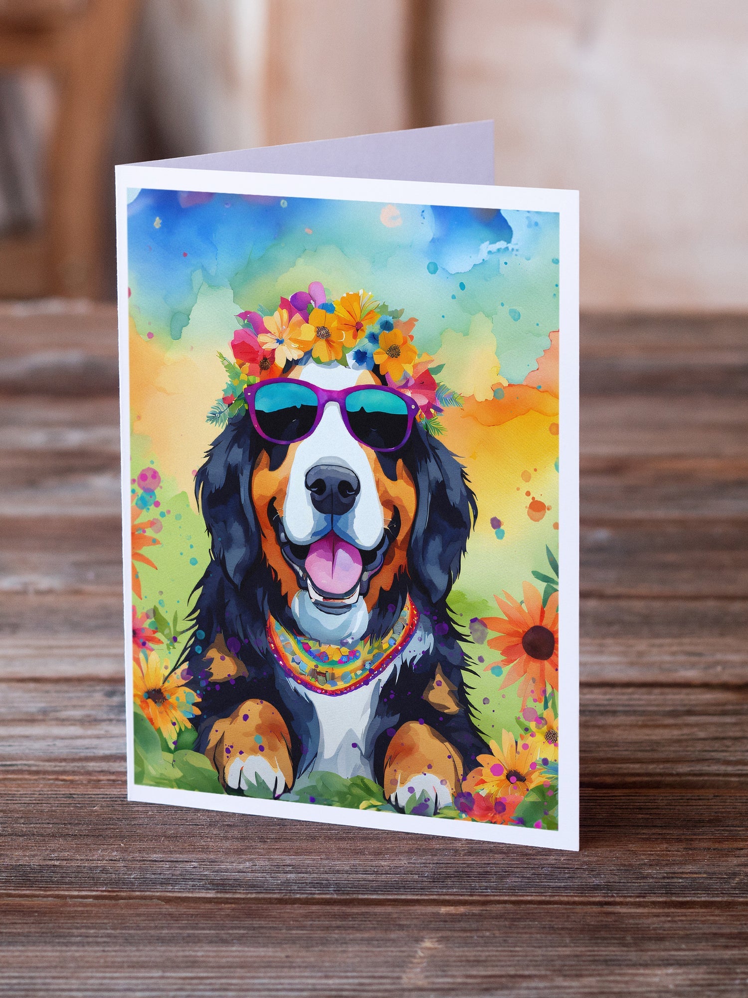 Bernese Mountain Dog Hippie Dawg Greeting Cards Pack of 8 Blank Cards with Envelopes Whimsical A7 Size 5x7