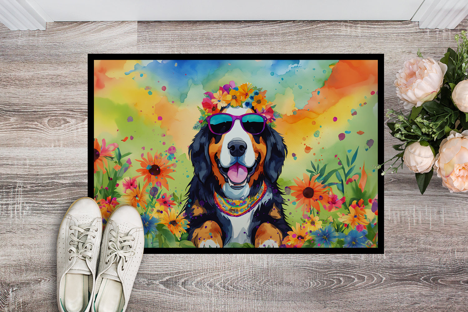 Bernese Mountain Dog Hippie Dawg Doormat Indoor Outdoor 24H X 36W Front Door Mat Rugs for Entryway, Non Slip Washable Low Pile,