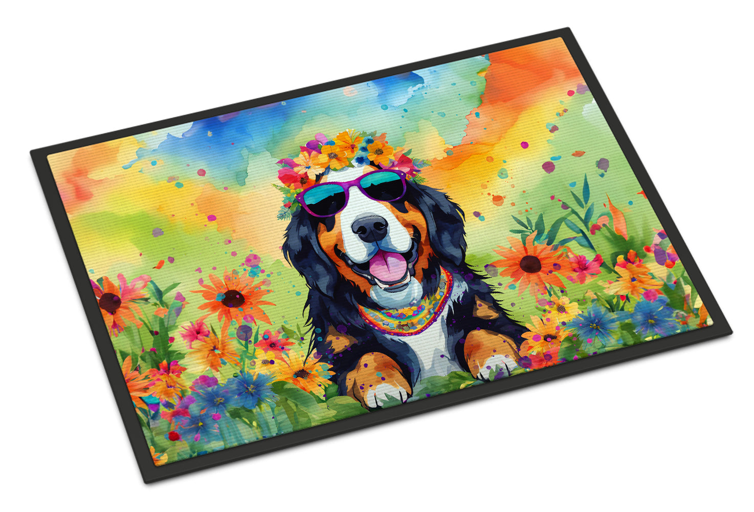 Bernese Mountain Dog Hippie Dawg Doormat Indoor Outdoor 18H X 27W Front Door Mat Rugs for Entryway, Non Slip Washable