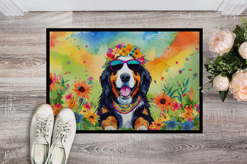 Bernese Mountain Dog Hippie Dawg Doormat Indoor Outdoor 18H X 27W Front Door Mat Rugs for Entryway, Non Slip Washable