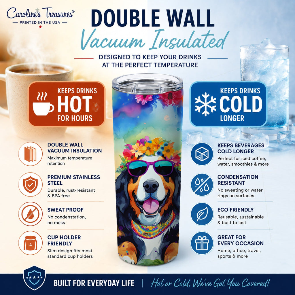 Bernese Mountain Dog Hippie Dawg Stainless Steel Skinny Tumbler 20 oz Vacuum Double Walled Reusable Insulated Travel Cup