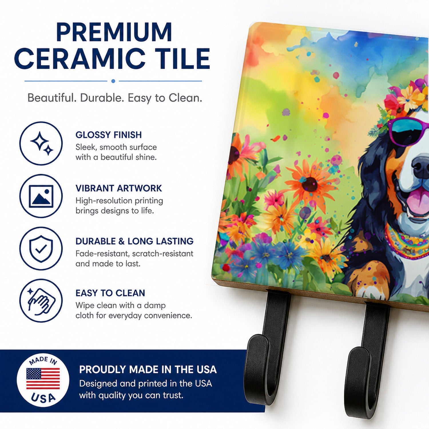 Bernese Mountain Dog Hippie Dawg Leash or Key Holder Wall Hooks, Coat Rack Wall Mount, for Hanging Keys, Towels, Aprons, Leashes