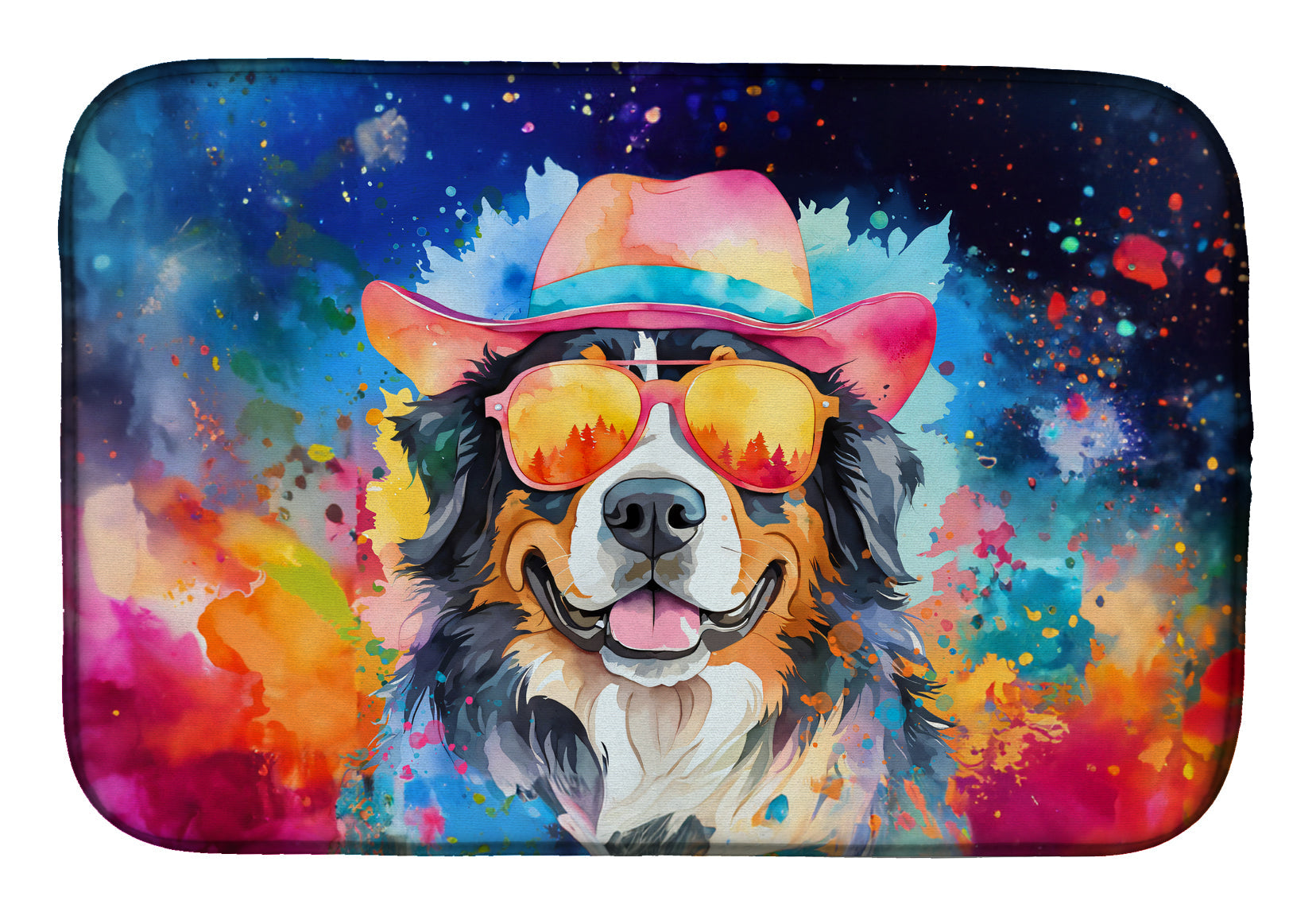 Bernese Mountain Dog Hippie Dawg Dish Drying Mat Absorbent Dish Drying Mat Pad for Kitchen Counter Dish Drainer Mat for Countertop, 14 x 21", Multicolor