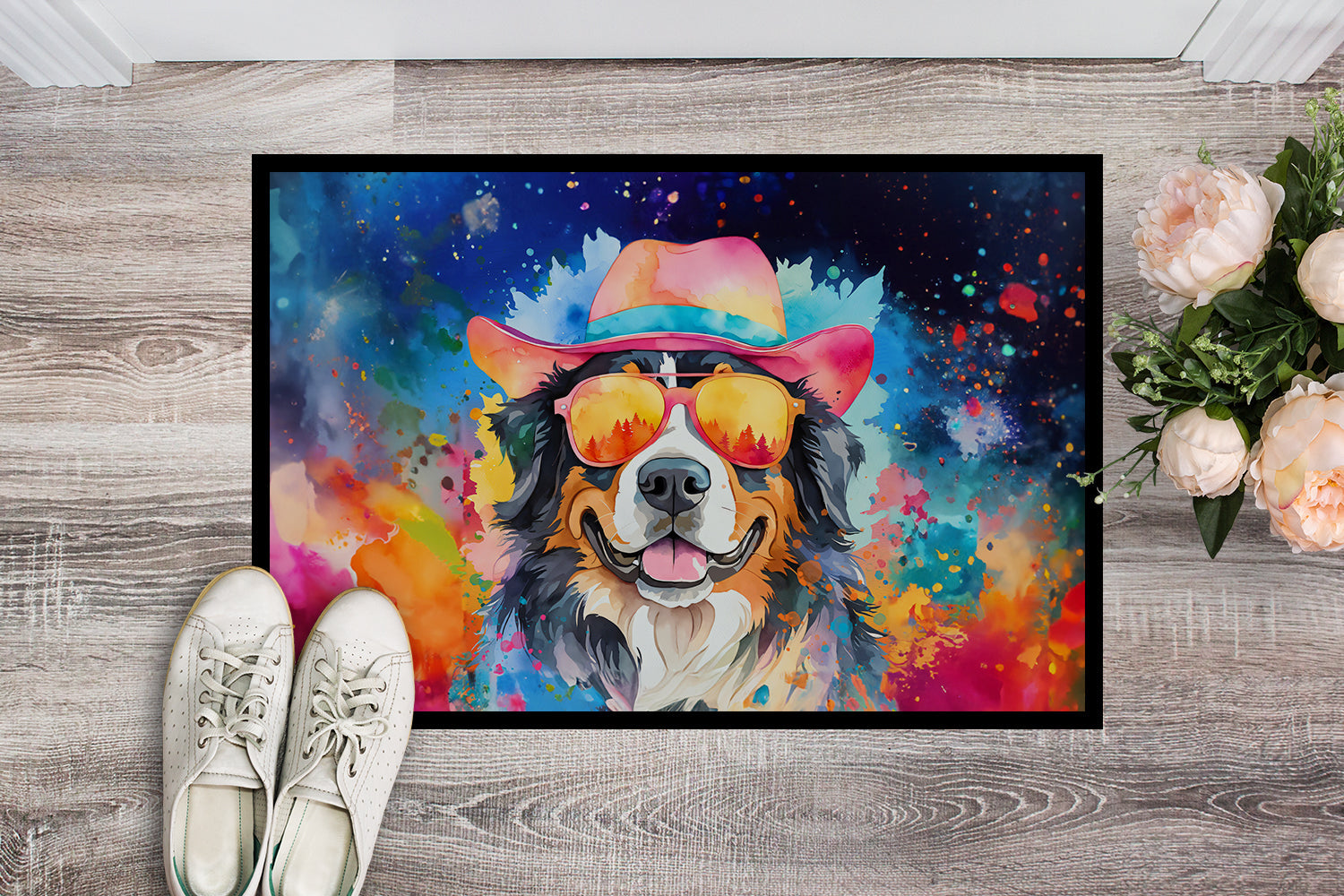 Bernese Mountain Dog Hippie Dawg Doormat Indoor Outdoor 18H X 27W Front Door Mat Rugs for Entryway, Non Slip Washable