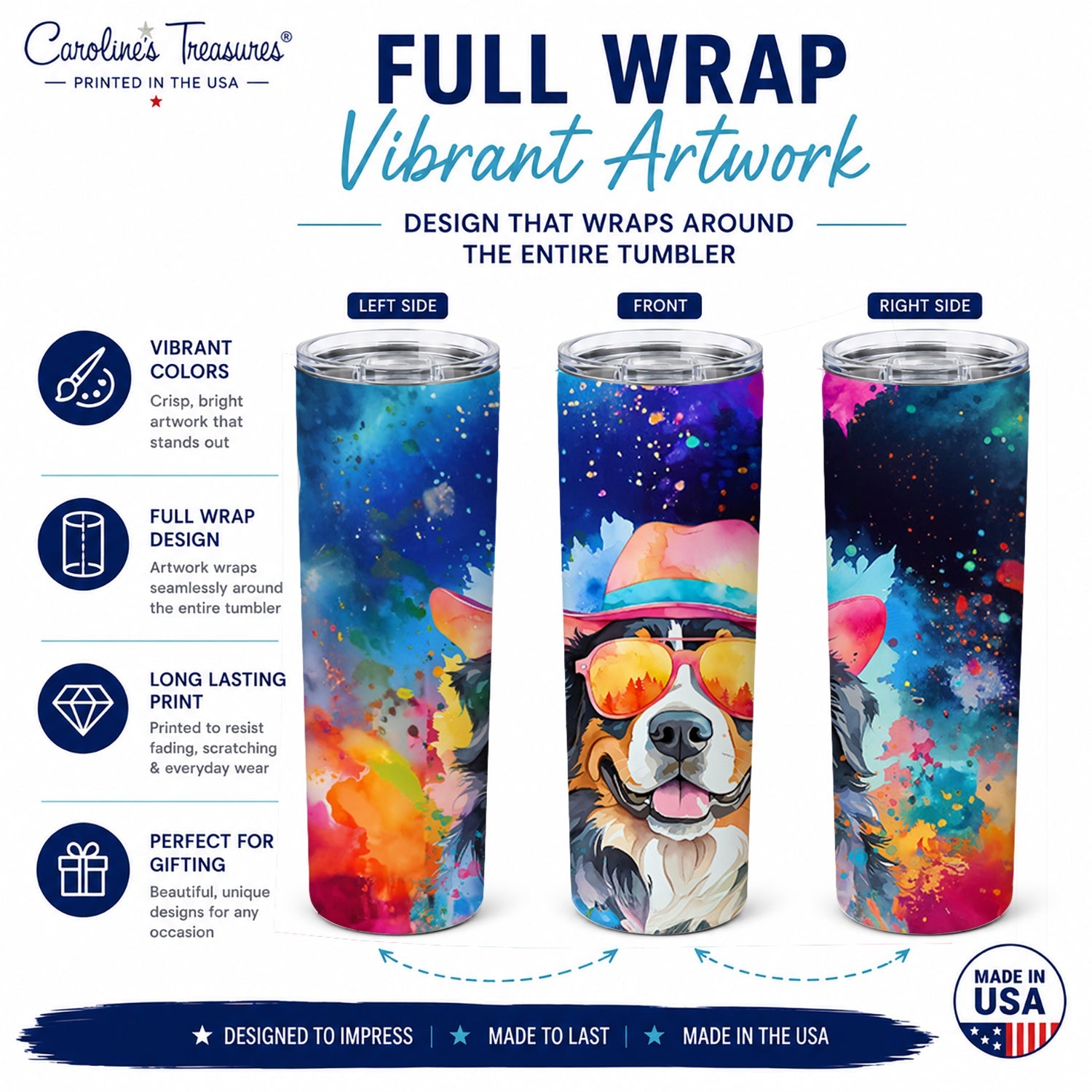 Bernese Mountain Dog Hippie Dawg Stainless Steel Skinny Tumbler 20 oz Vacuum Double Walled Reusable Insulated Travel Cup