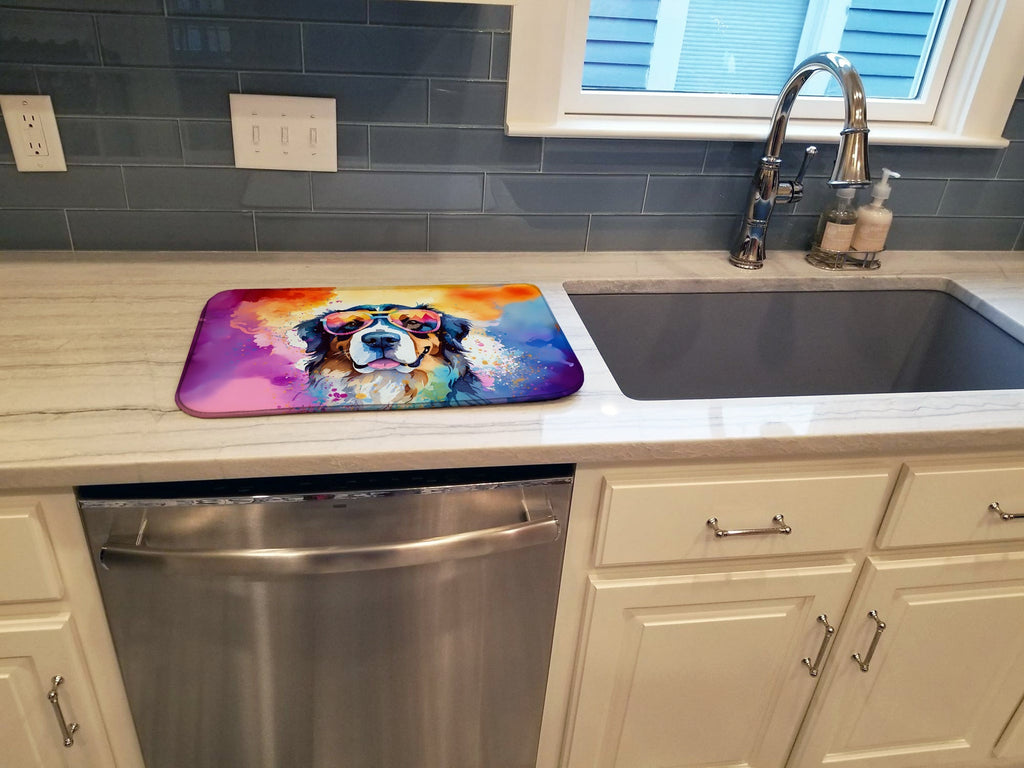 Bernese Mountain Dog Hippie Dawg Dish Drying Mat Absorbent Dish Drying Mat Pad for Kitchen Counter Dish Drainer Mat for Countertop, 14 x 21", Multicolor