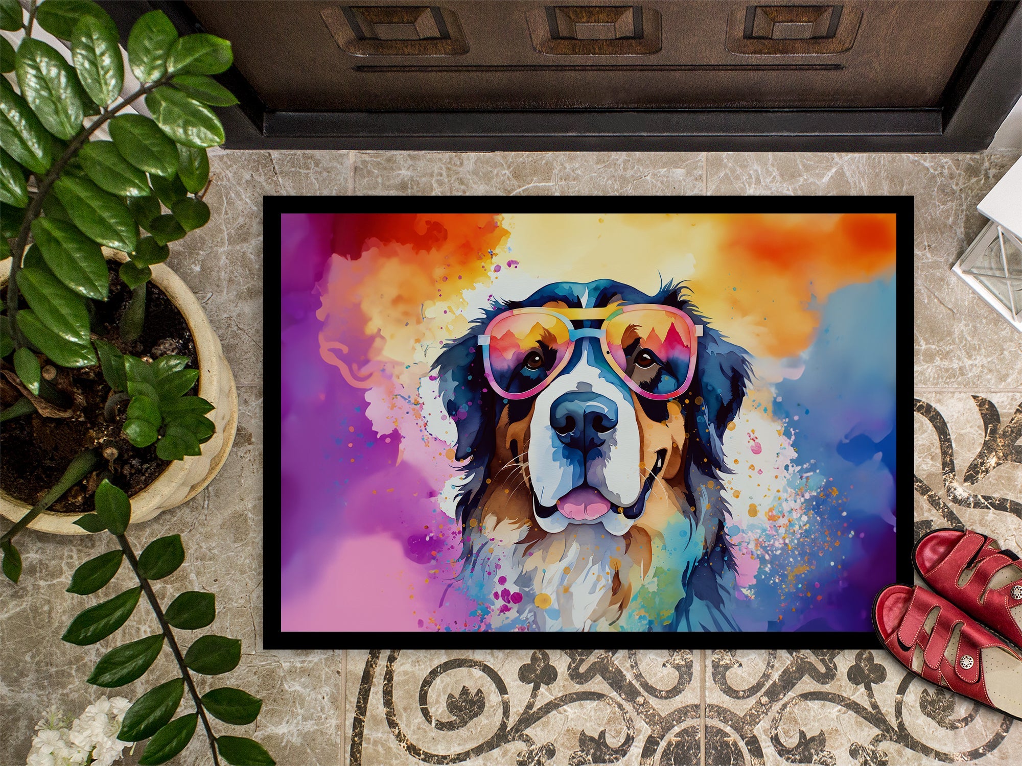 Bernese Mountain Dog Hippie Dawg Doormat Indoor Outdoor 18H X 27W Front Door Mat Rugs for Entryway, Non Slip Washable