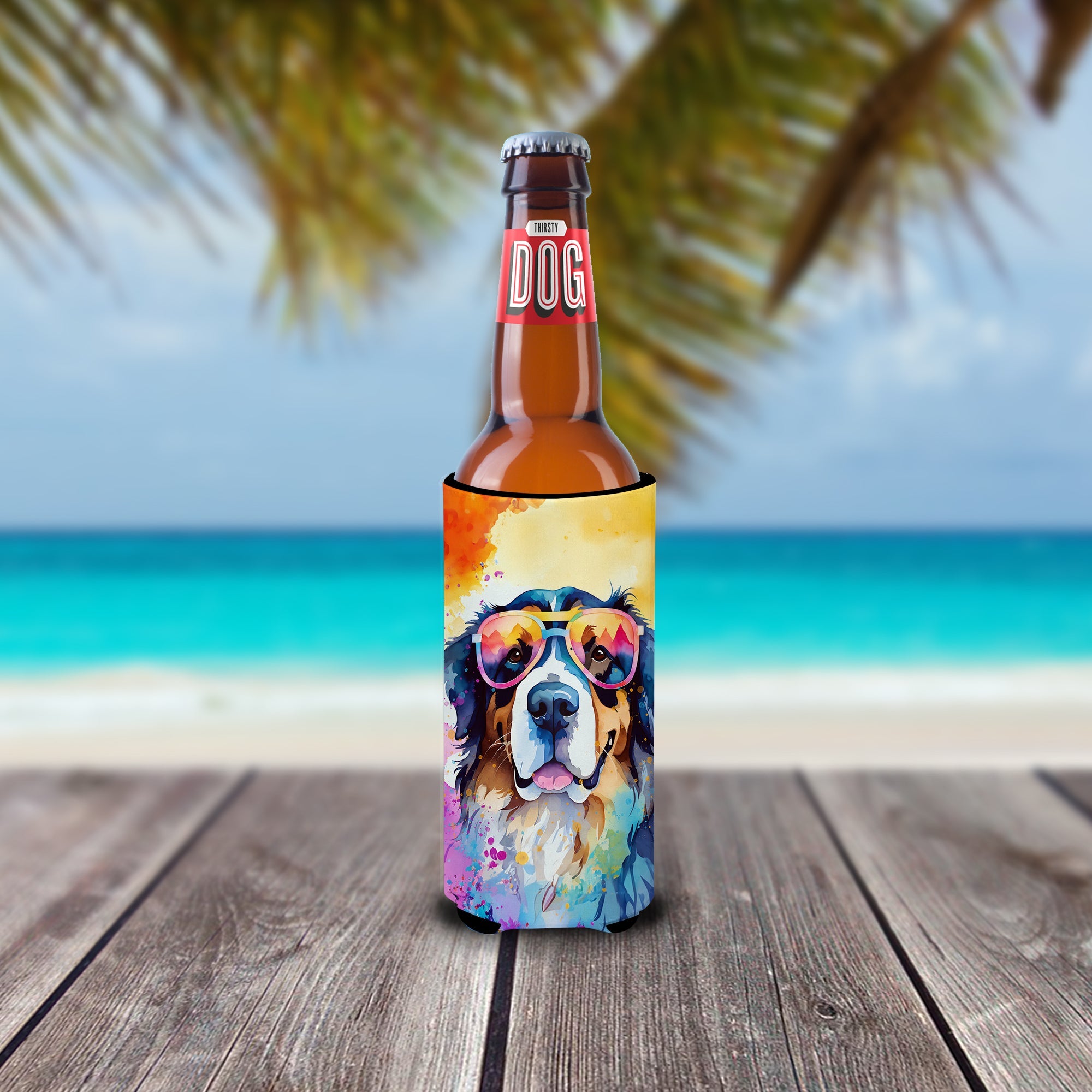 Bernese Mountain Dog Hippie Dawg Slim Can Hugger , Insulated Foam Hugger for 12 oz Slim Cans, Beer Bottles & Water Bottles, Printed in USA