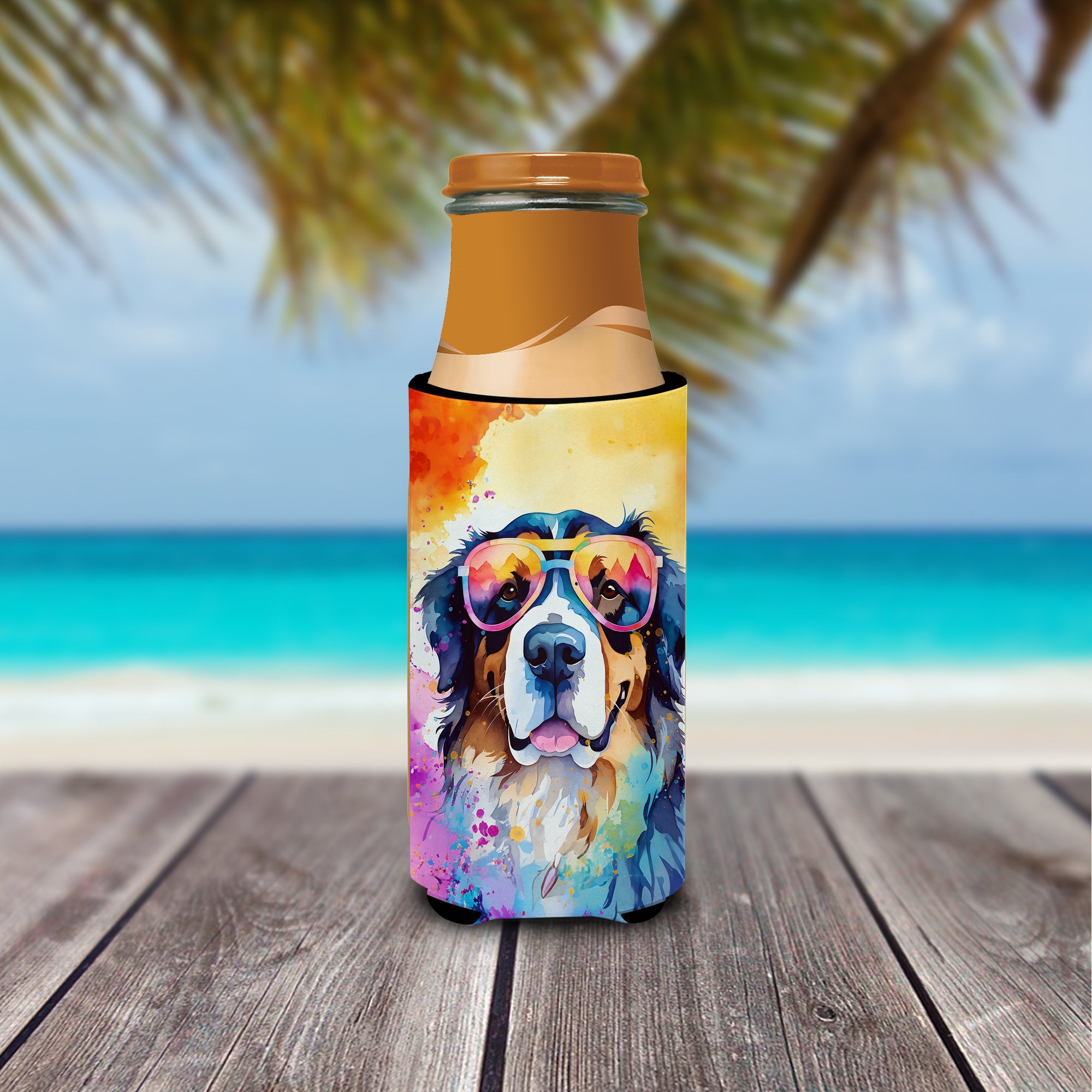 Bernese Mountain Dog Hippie Dawg Slim Can Hugger , Insulated Foam Hugger for 12 oz Slim Cans, Beer Bottles & Water Bottles, Printed in USA