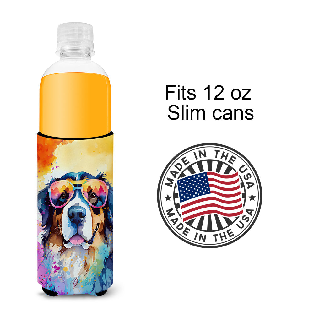 Bernese Mountain Dog Hippie Dawg Slim Can Hugger , Insulated Foam Hugger for 12 oz Slim Cans, Beer Bottles & Water Bottles, Printed in USA