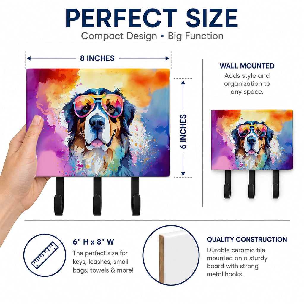 Bernese Mountain Dog Hippie Dawg Leash or Key Holder Wall Hooks, Coat Rack Wall Mount, for Hanging Keys, Towels, Aprons, Leashes