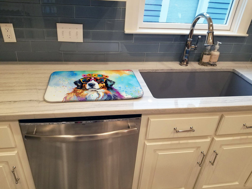 Bernese Mountain Dog Hippie Dawg Dish Drying Mat Absorbent Dish Drying Mat Pad for Kitchen Counter Dish Drainer Mat for Countertop, 14 x 21", Multicolor