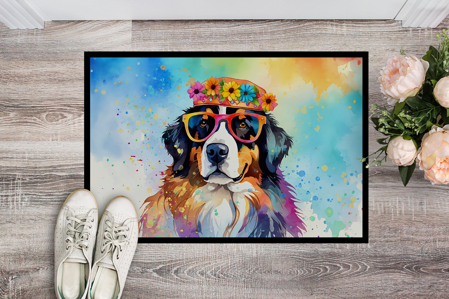 Bernese Mountain Dog Hippie Dawg Doormat Indoor Outdoor 24H X 36W Front Door Mat Rugs for Entryway, Non Slip Washable Low Pile,