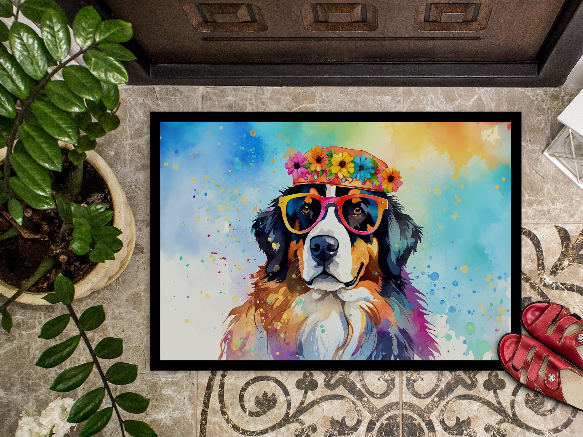 Bernese Mountain Dog Hippie Dawg Doormat Indoor Outdoor 24H X 36W Front Door Mat Rugs for Entryway, Non Slip Washable Low Pile,