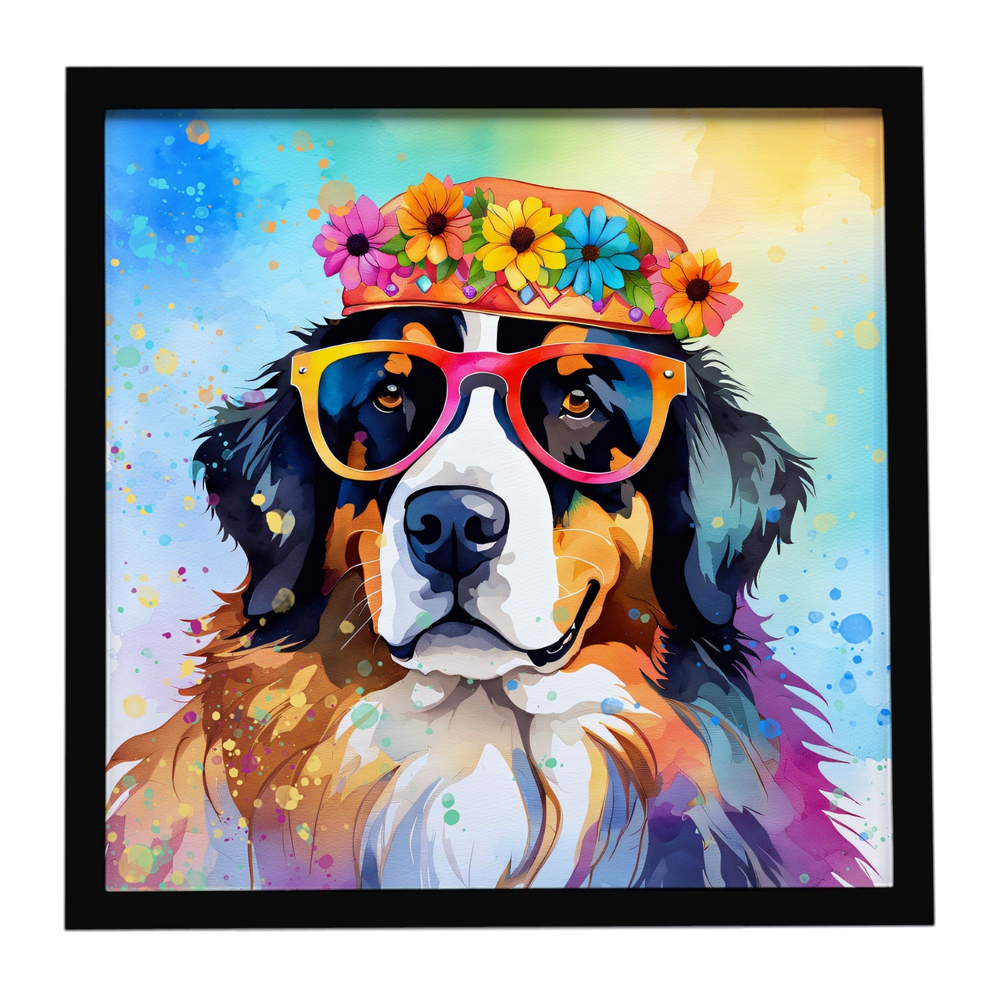 Bernese Mountain Dog Hippie Dawg Framed Metal Print Bathroom, Kitchen, Office, Home Decor Wall Art Ready to Hang, Square, 8X8