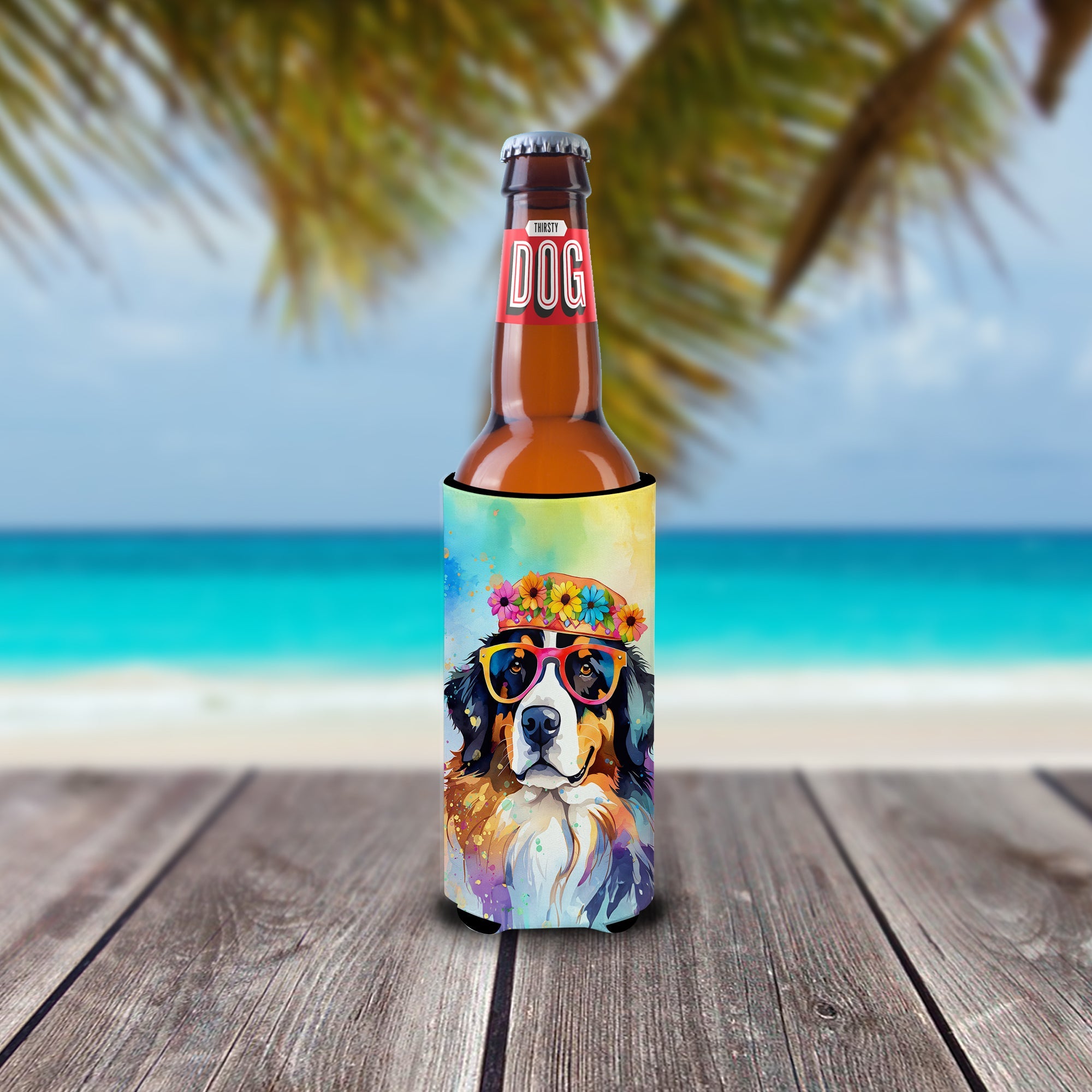 Bernese Mountain Dog Hippie Dawg Slim Can Hugger , Insulated Foam Hugger for 12 oz Slim Cans, Beer Bottles & Water Bottles, Printed in USA